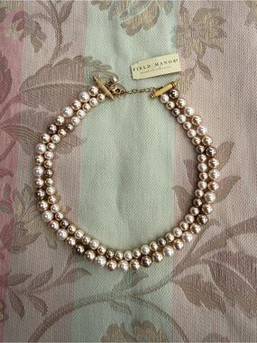 Field Manor Double Strand Champagne & Cream Faux Pearl Gold Tone Necklace NWT